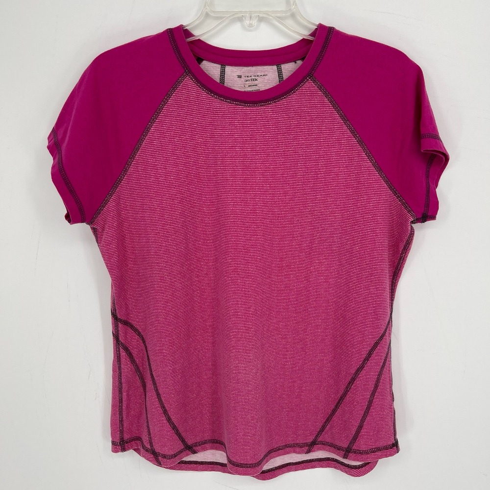 Tek Gear Women's Pinkโ Striped DryTek Performance Gym Workout Tee T-Shirt Size L